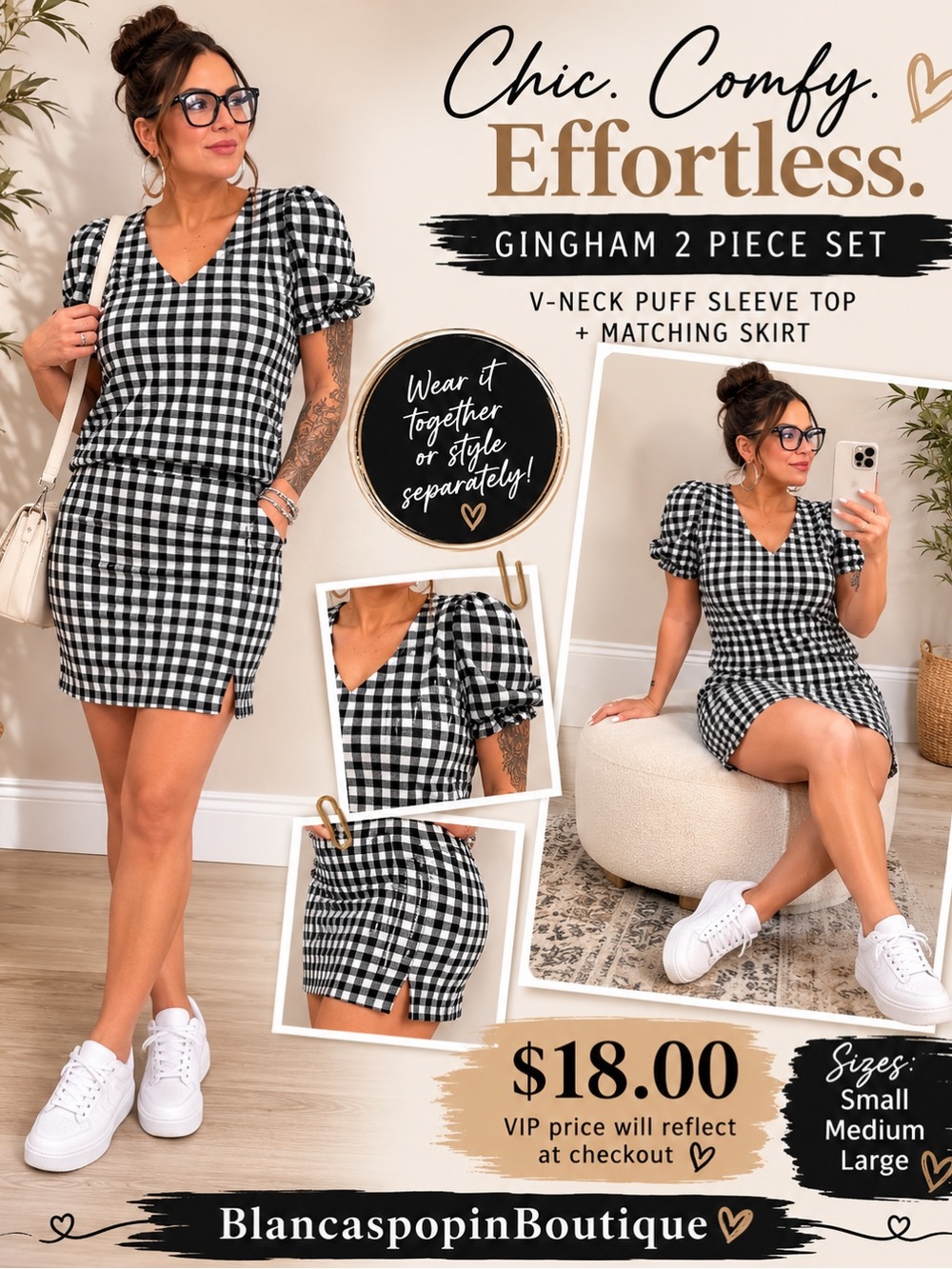 Haute Monde Black & White Gingham V-Neck Puff Sleeve Mini Set